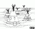 An Indian tribe camp with tepees or tents on the plain