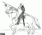 Knight with helmet, steel mesh, shield, sword and spear bearer
