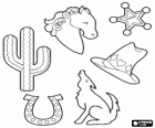 Typical images of the Wild West: a cactus, a horseshoe, a horse, a cowboy hat, a coyote and a sheriff star