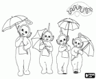 The four Teletubbies with their umbrellas open