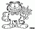 Garfield elegant with Valentine's Day gifts, a bouquet of flowers and a big heart