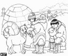 Eskimo family and their animals in front of their snowhouse dome-shaped, an igloo