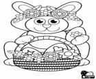 Bunny with adornments and a basket of Easter eggs