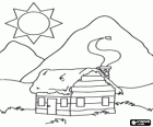Log cabin, a small house built from logs and covered with straw near the mountains