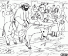 Jesus of Nazareth on the back of a donkey and greeted by a crowd at the entrance to Jerusalem
