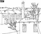 View of a neighborhood in a city or town with a house and a tree in the foreground