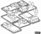 Aerial view of a town or urban development with the houses with property fences