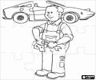 Puzzle of Mechanic of cars in the workshop cleaning a wrench or spanner