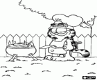 Garfield preparing a barbecue in the garden. Garfield's barbecue