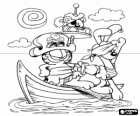 Garfield and his friends Odie and Pooky dressed as pirates in a small boat