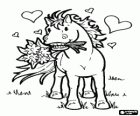 Little horse with a bouquet of flowers in the mouth and surrounded by hearts