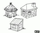 These are the three houses of the Three Little Pigs: the house of straw, the sticks house and the bricks house