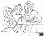 Little Red Riding Hood and her grandmother very happy eat the cake