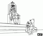 Puss in Boots presents the rabbit that has hunted with the bag to the king as a gift from his master, the Marquis of Carabas