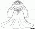 Puzzle of The bride on the wedding day with the long dress, veil with tiara and bouquet