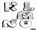 Puzzle of Letters K, L, M, N and O with funny drawings