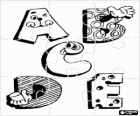 Puzzle of Letters A, B, C, D and E with funny drawings