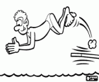 Man jumping headfirst into the water from the diving board of the swimming pool 