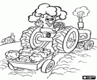 An animated broccoli driving the tractor in the field