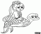 Little mermaid riding on a sea turtle