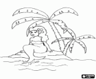 A beautiful mermaid on the shore of a small island with palm trees