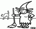 Old witch at home with a broom and the cat