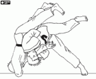 Judo practioners or judokas running a judo movement on the tatami 