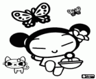 Pucca walking with her cat Yani and butterflies
