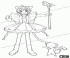 Sakura, the card captor with one of her dresses next to Kero