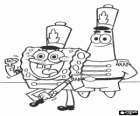 SpongeBob and his friend Patrick Star with the elegants uniforms of the band