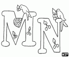 Letters M and N with a bird's nest and the birds picking fruit