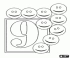 Number 9 with nine happy faces or smiley