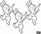 Three happy bunnies dancing with carrots