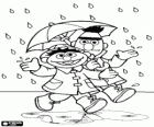 Ernie and Bert walking under the rain with an umbrella. Sesame street 