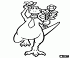 Friendly and elegant dinosaur with a tie, waving his hat and a bouquet of flowers in hand