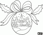 Beautiful christmas ball with a snowy landscape drawn adorned with a ribbon and holly leaves
