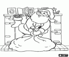 Santa Claus with sack of presents in front of the fireplace