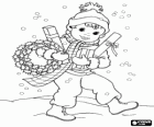 Child with a Christmas wreath and some presents walking under the snowflakes