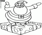 Happy Santa with open arms standing on top of a great gift