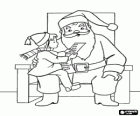 Santa Claus in his chair and a girl with the gift list sitting on his lap