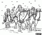 The Three Kings of Orient riding their camels on a starry night