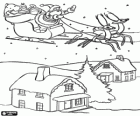 Santa Claus's sleigh flying over houses during Christmas Eve