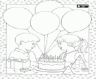 Children at a birthday party with cake and balloons