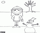Girl well wrapped in a winter landscape. Sun low, leafless tree, snowman
