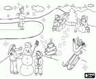 Wintry landscape with children practicing different winter activities