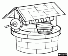 Water well cylindrical shape made of stone, with a pulley and a wooden roof