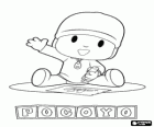 Pocoyo sitting on the floor and making a drawing on a sheet of paper