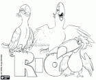 Logo of Rio the movie with three of its protagonists: the macaws Blu, Jewel and the tucan Rafael