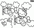 Hello Kitty and the teddy bear on their planes flying between the clouds and birds