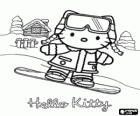 Hello Kitty down the snowy mountain with her surfboard
